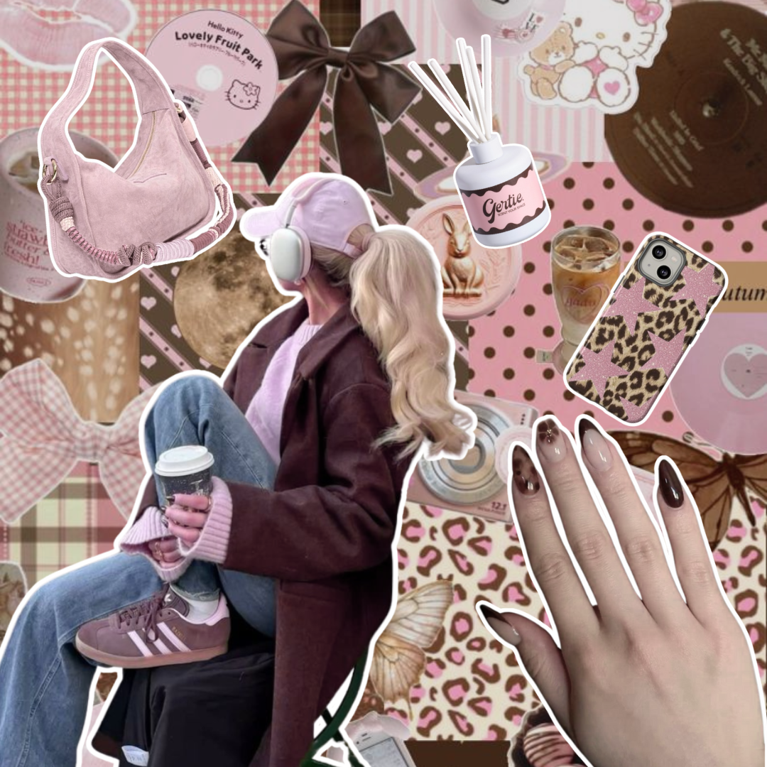 Gertie Mood Board Cloud Cream Diffusers Collage of fashion items including shoes, phone case, handbag, and nail polish on a cream background.
