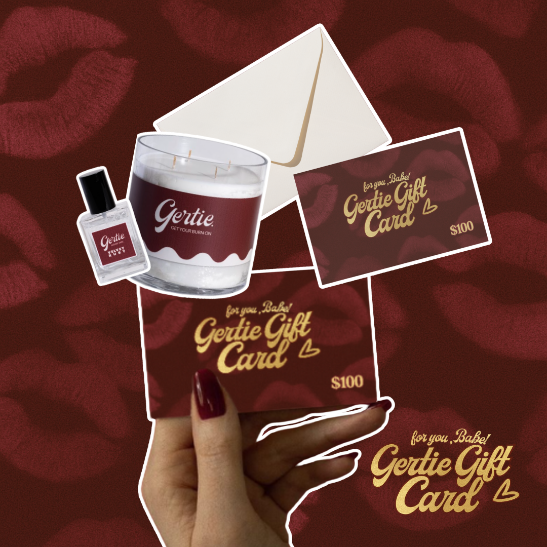 Gertie gift cards and a candle on a red background with lips.