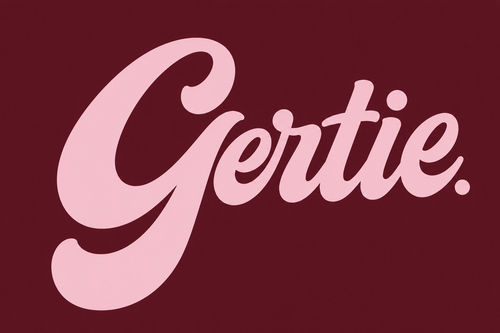 The word 'Gertie.' in a light pink cursive script on a solid dark burgundy background.