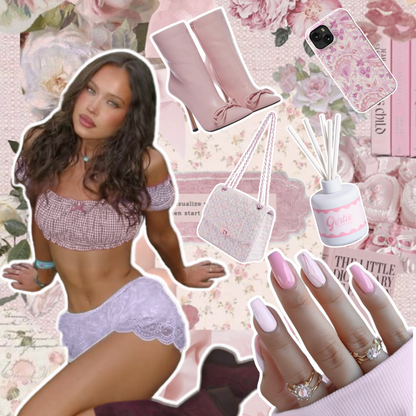 Gertie Mood Board Jungle Nectar Diffusers Collage of fashion items including shoes, phone case, handbag, and nail polish on a blue background.