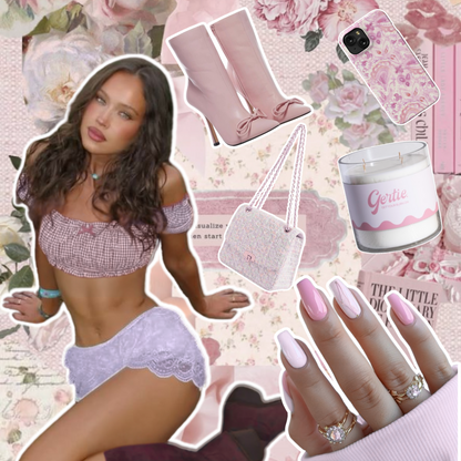 Gertie Mood Board Jungle Nectar Candle Collage of fashion items including shoes, phone case, handbag, and nail polish on a cream background.