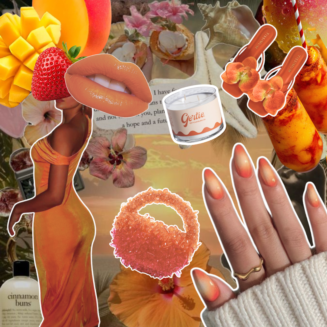 Gertie Mood Board Mango Mamacita  Candle Collage of fashion items including shoes, phone case, handbag, and nail polish on a yellow background.
