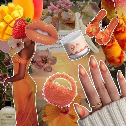 Gertie Mood Board Mang oMamacita Candle Collage of fashion items including shoes, phone case, handbag, and nail polish on a yellow background.
