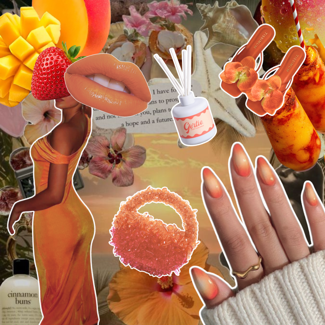 Gertie Mood Board Mango Mamacita Diffusers Collage of fashion items including shoes, phone case, handbag, and nail polish on a blue background.
