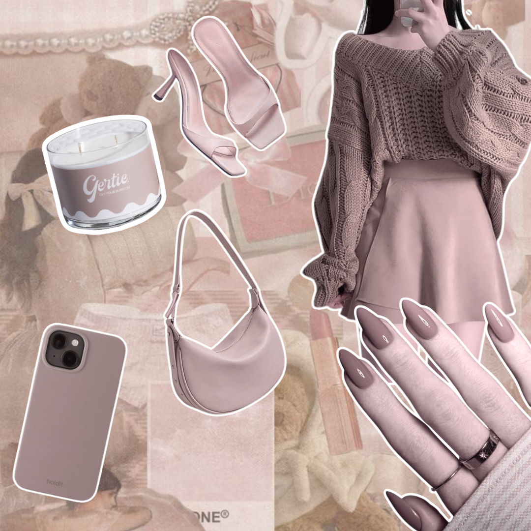 Gertie Mood Board Milk and Honey  450g Candle Collage of fashion items including shoes, phone case, handbag, and nail polish on a cream background.
