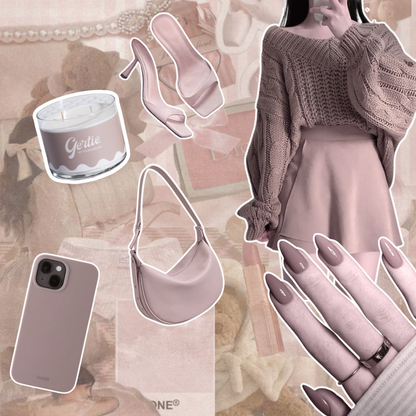 Gertie Mood Board Milk and Honey  450g Candle Collage of fashion items including shoes, phone case, handbag, and nail polish on a cream background.
