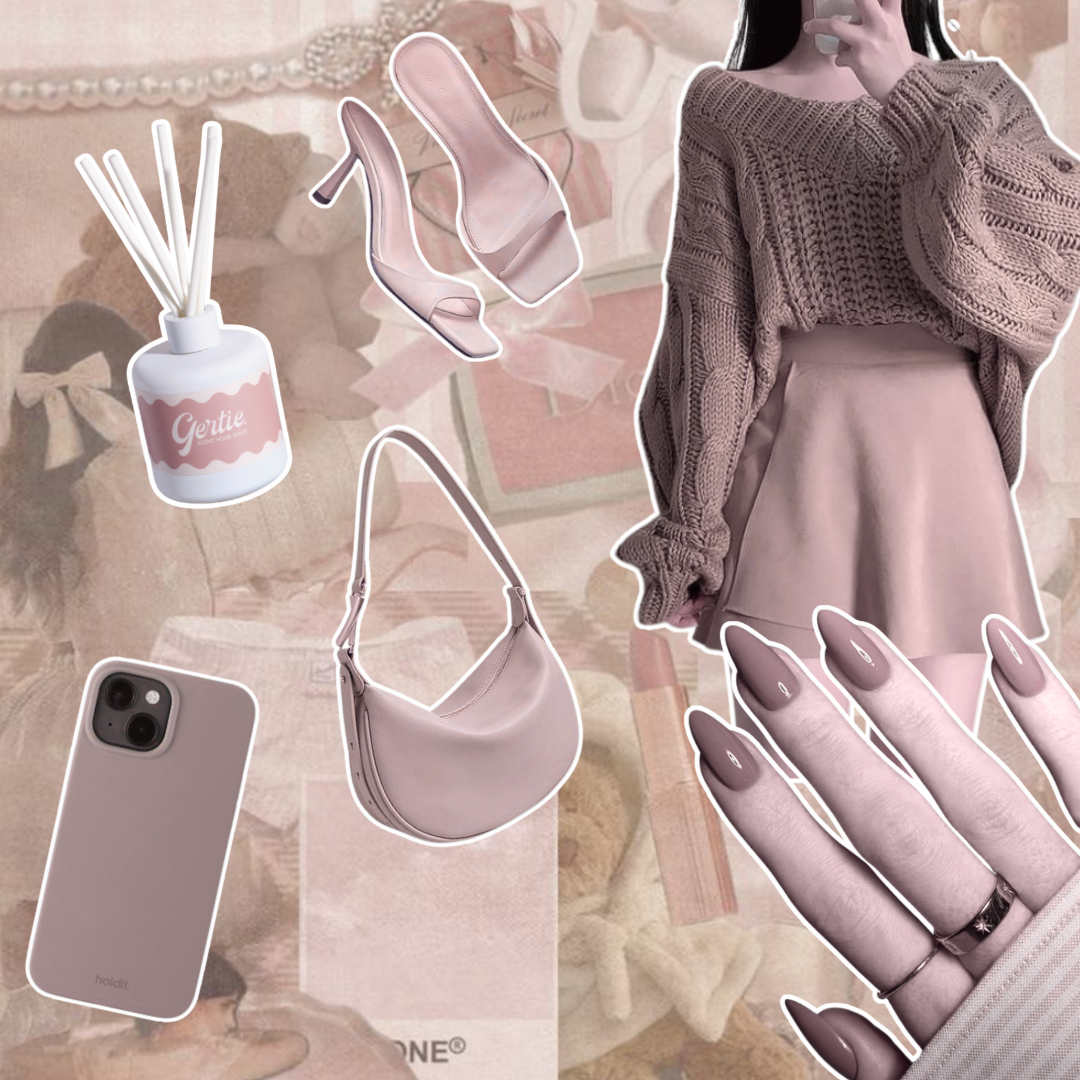 Gertie Mood Board Milk and Honey Diffusers Collage of fashion items including shoes, phone case, handbag, and nail polish on a cream background.
