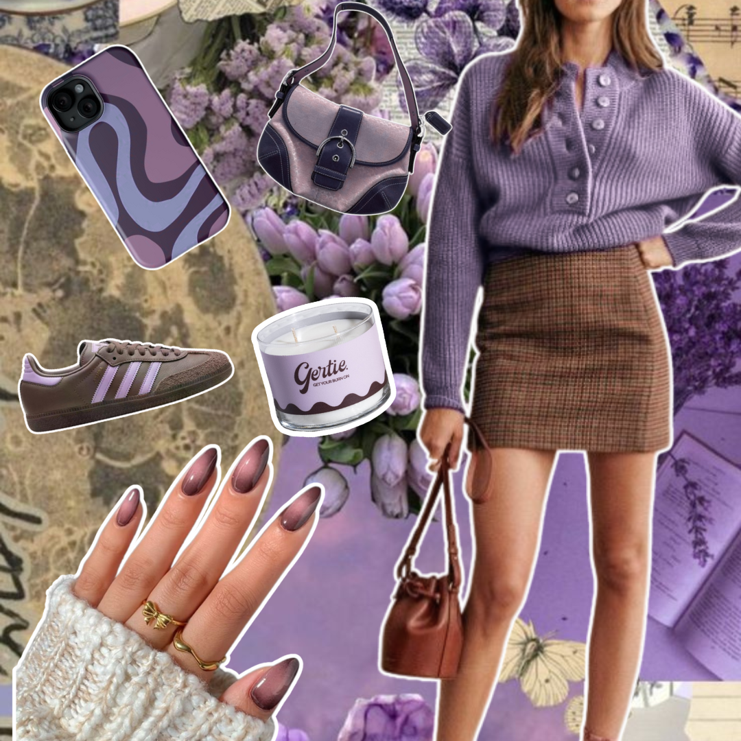 Gertie Mood Board MoonlitLotus  Candle Collage of fashion items including shoes, phone case, handbag, and nail polish on a violet background.
