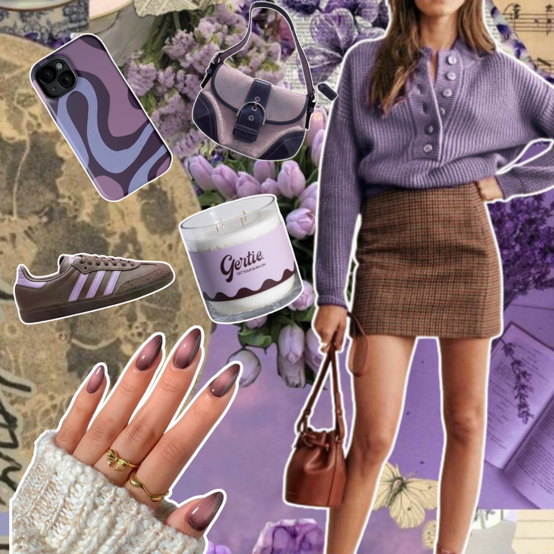 Gertie Mood Board Moonlit Lotus Candle Collage of fashion items including shoes, phone case, handbag, and nail polish on a purple background.
