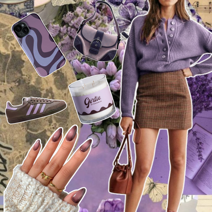 Gertie Mood Board Moonlit Lotus Candle Collage of fashion items including shoes, phone case, handbag, and nail polish on a purple background.
