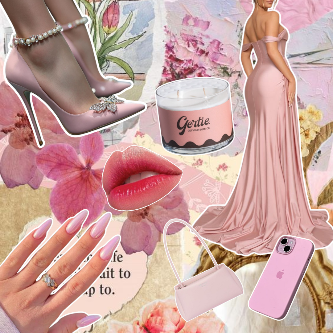 Gertie Mood Board Palma Rosa Candle Collage of fashion items including shoes, phone case, handbag, and nail polish on a pink background.
