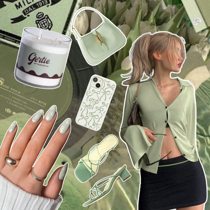 Gertie Mood Board Pistachio Crush Candle Collage of fashion items including shoes, phone case, handbag, and nail polish on a green background.

