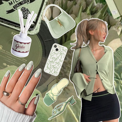 Gertie Mood Board Pistachio Crush Diffusers Collage of fashion items including shoes, phone case, handbag, and nail polish on a green background.
