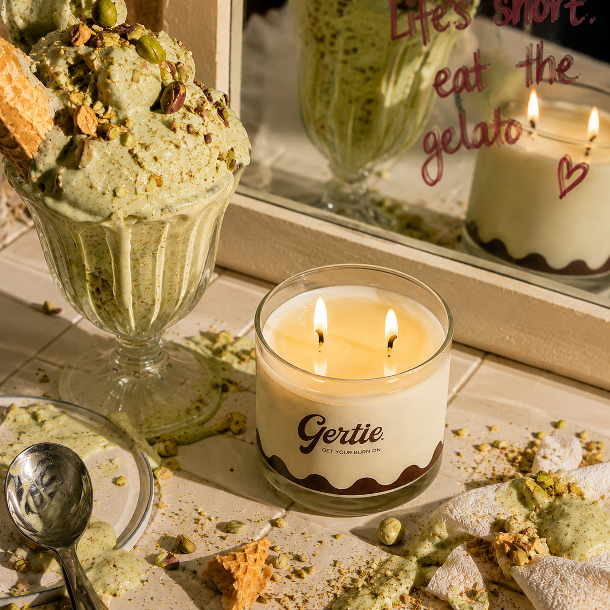 Pistachio Crush 450g, Gertie hand-poured soy candle ice-cream scene