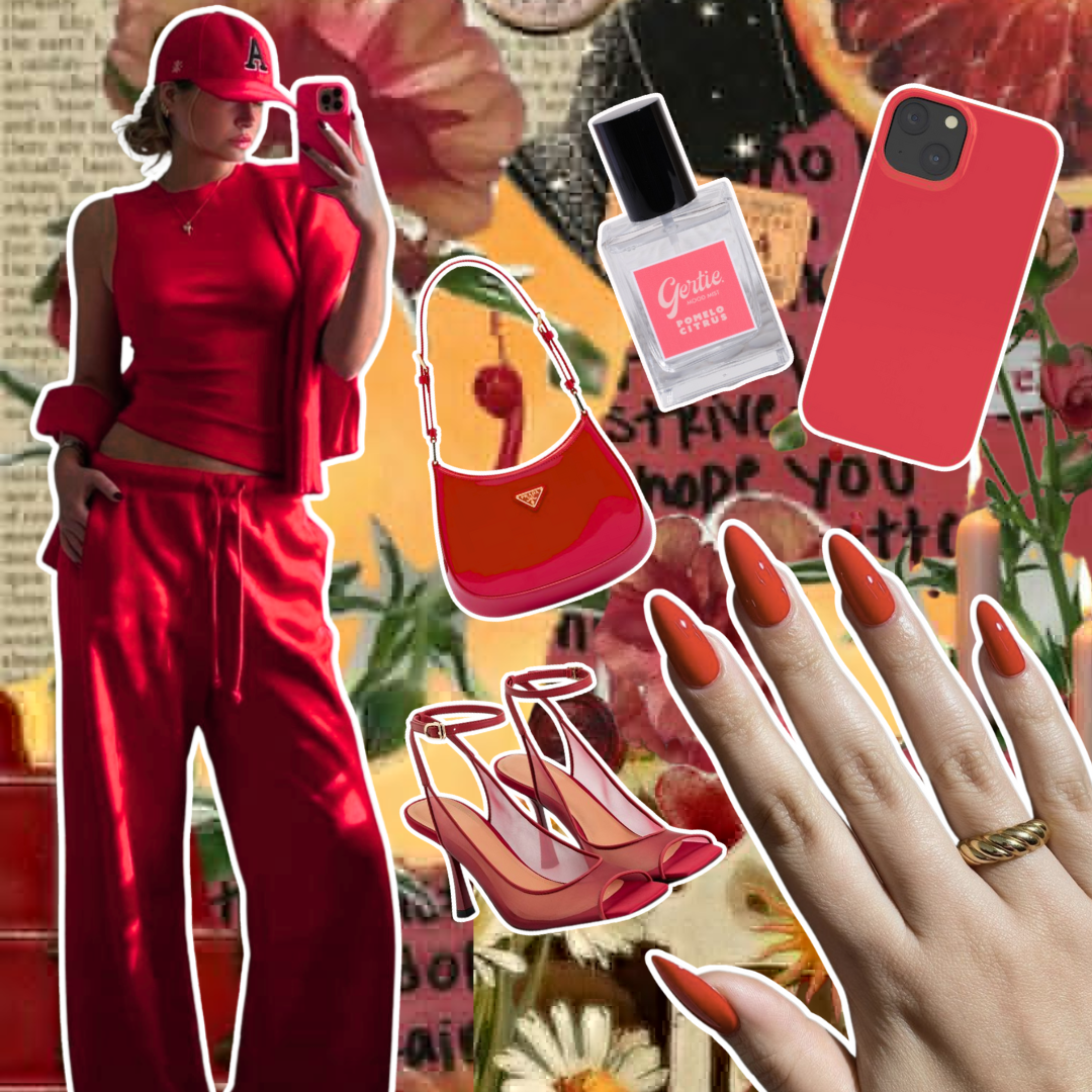 Gertie Mood Board Pomelo Citrus Collage of fashion items including shoes, phone case, handbag, and nail polish on a red background.
