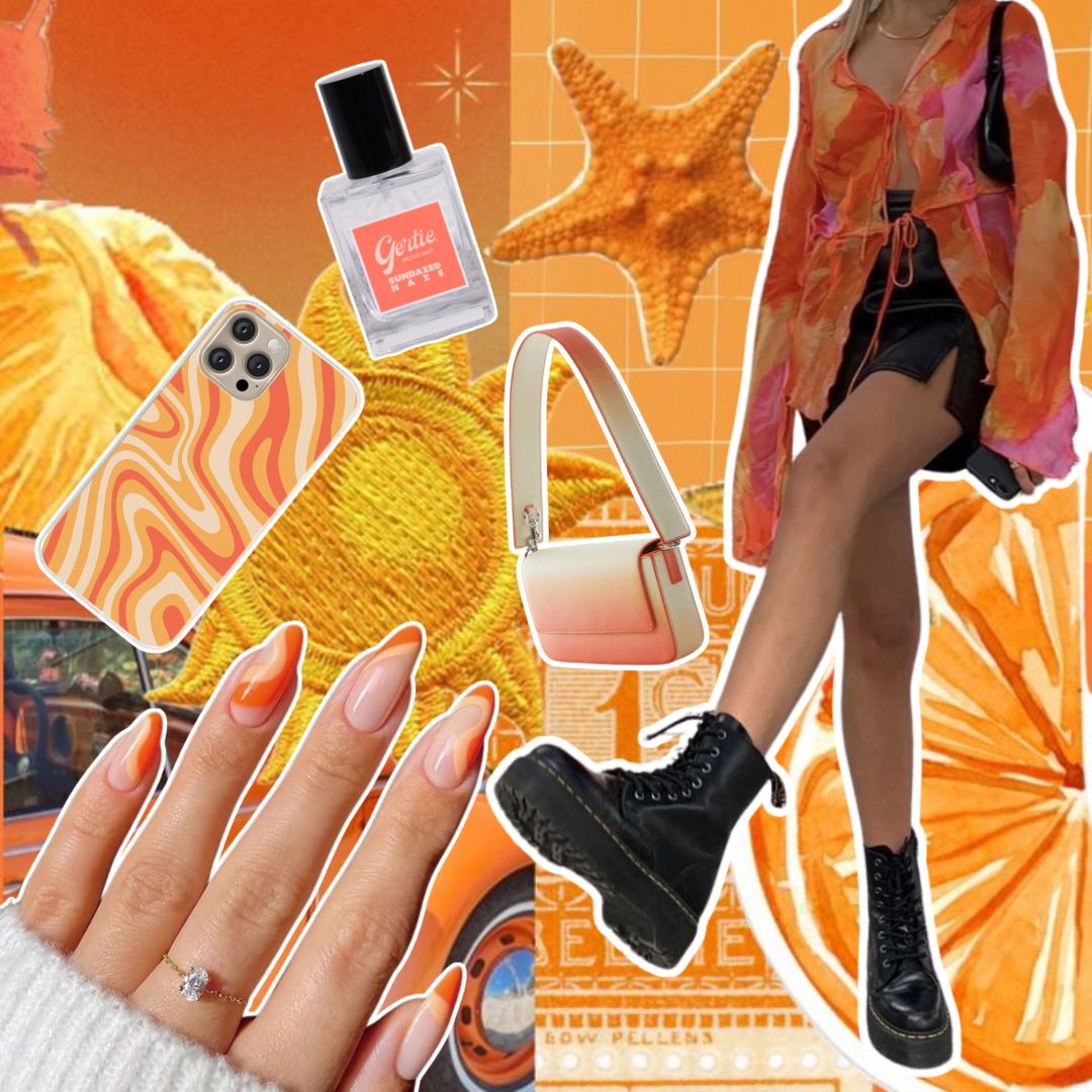 Gertie Mood Board Sundazed Haze Collage of fashion items including shoes, phone case, handbag, and nail polish on a yellow background.
