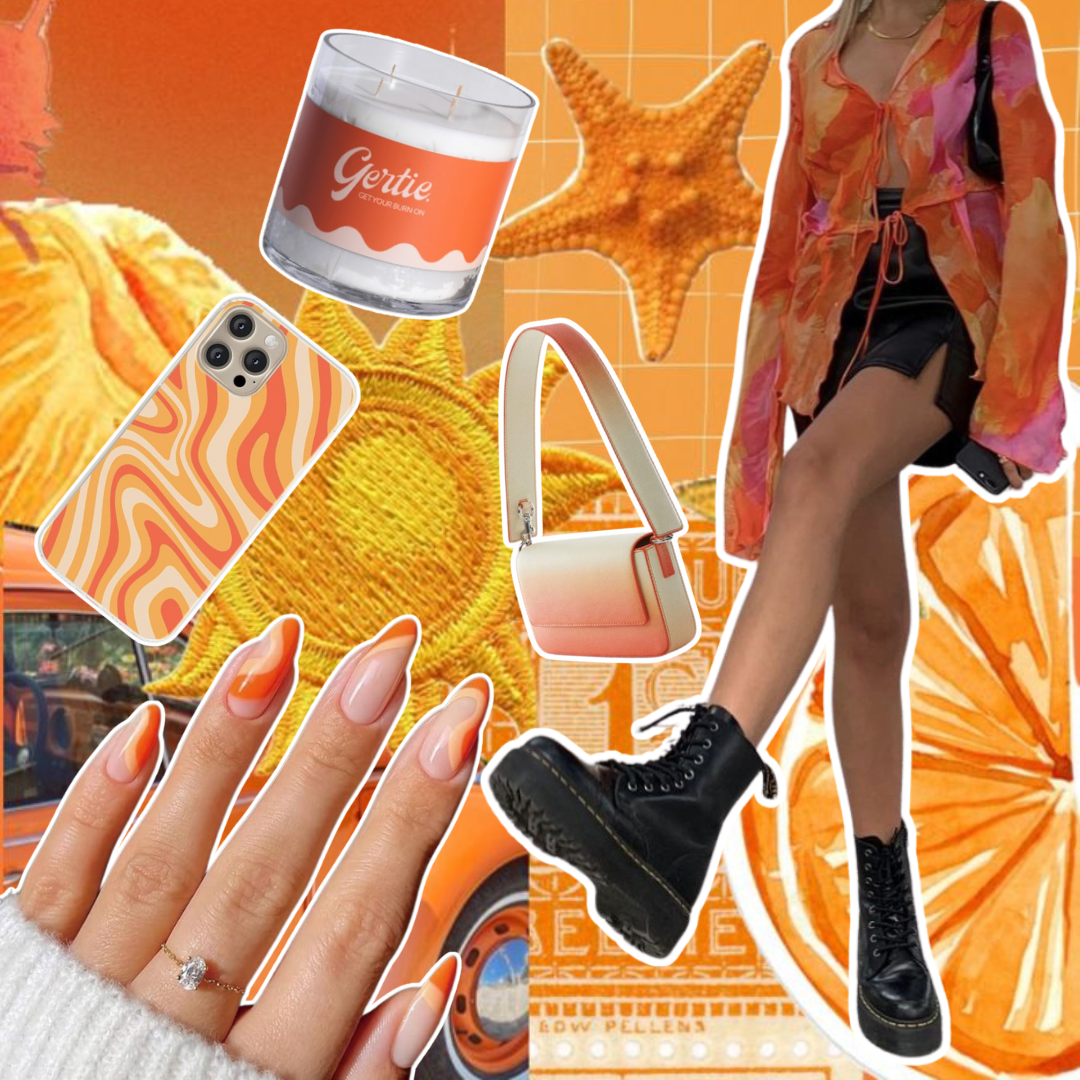 Gertie Mood Board Sundazed Haze Candle Collage of fashion items including shoes, phone case, handbag, and nail polish on a yellow background.