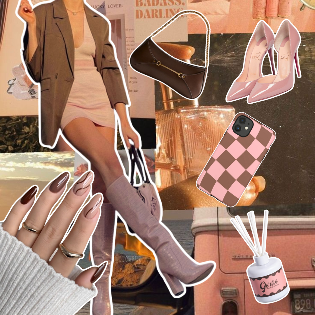 Gertie Mood Board Sunny Peach Diffusers Collage of fashion items including shoes, phone case, handbag, and nail polish on a peach background.
