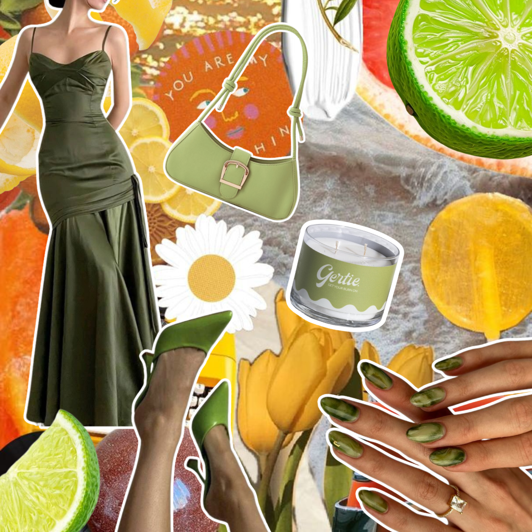 Gertie Mood Board SweetLime Candle Collage of fashion items including shoes, phone case, handbag, and nail polish on a green background.
