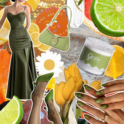 Gertie Mood Board Sweet Lime Candle Collage of fashion items including shoes, phone case, handbag, and nail polish on a green background.
