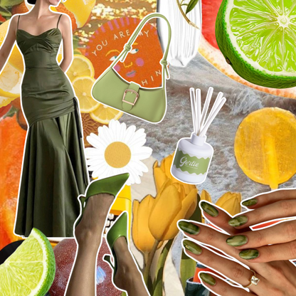 Gertie Mood Board Sweet Lime Diffusers Collage of fashion items including shoes, phone case, handbag, and nail polish on a green background.
