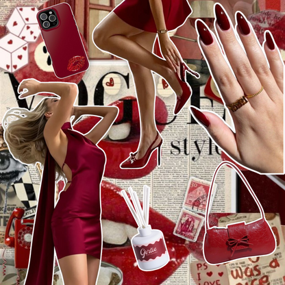 Gertie Mood Board VelvetRuby Diffusers Collage of fashion items including shoes, phone case, handbag, and nail polish on a red background.
