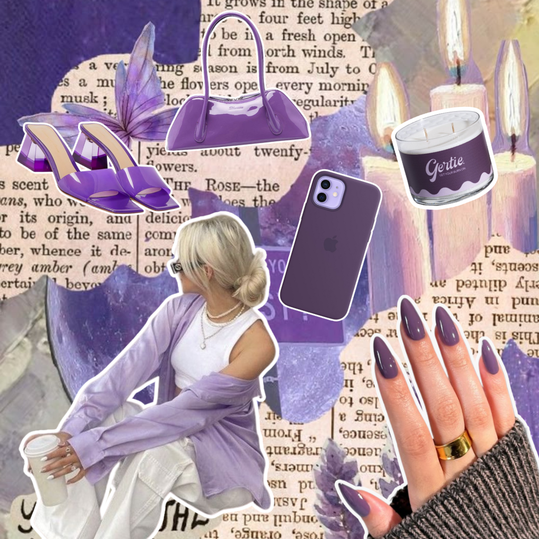 Gertie Mood Board Violet Muse Candle Collage of fashion items including shoes, phone case, handbag, and nail polish on a Violet background.
