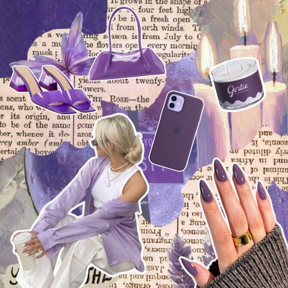 Gertie Mood Board Violet Muse Candle Collage of fashion items including shoes, phone case, handbag, and nail polish on a Violet background.
