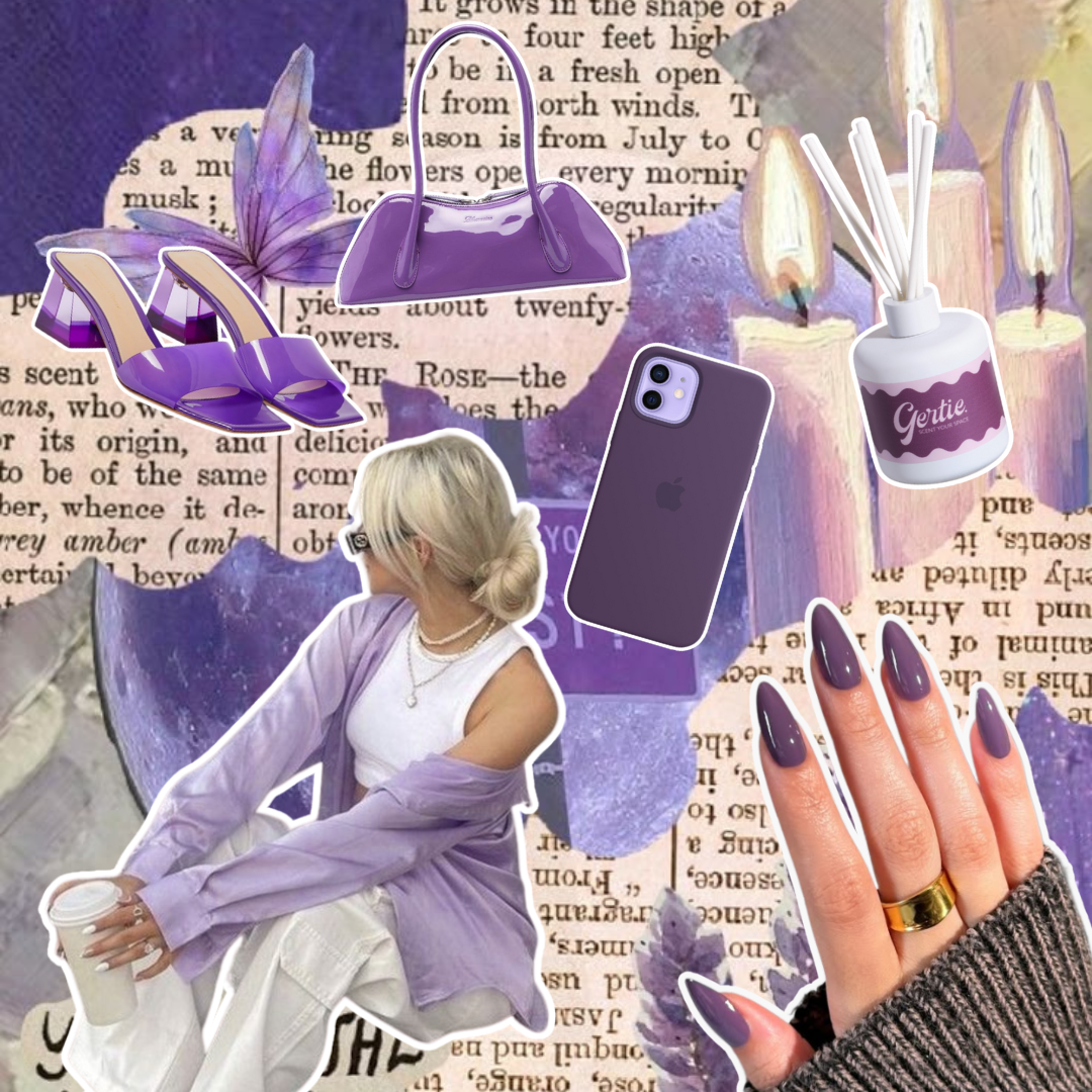 Gertie Mood Board Violet Muse Diffusers Collage of fashion items including shoes, phone case, handbag, and nail polish on a violet background.
